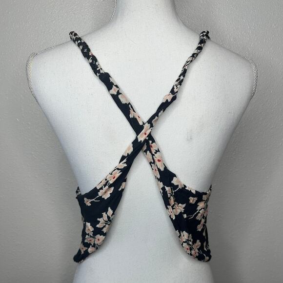 Boho Floral Braided Twist Back Tank Top XS Black Peach Cream Linen Summer Look - Picture 8 of 15